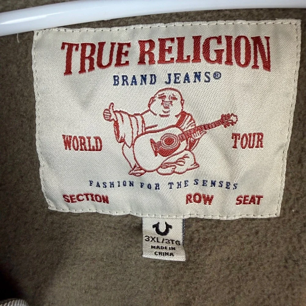 True Religion Mens World Tour Buddha Zip Hoodie Brown Contrast Stitch Y2K 3XL